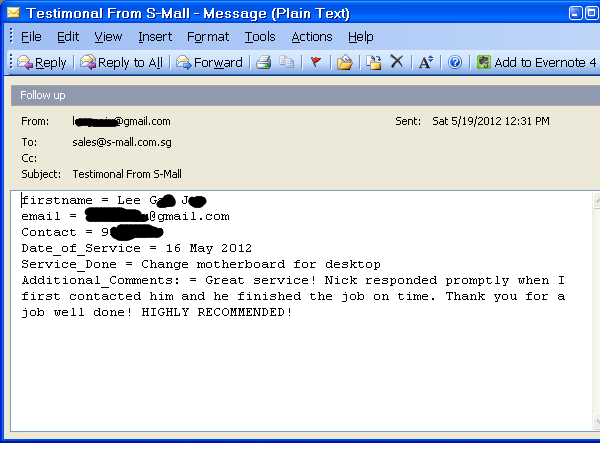 Mr Lee May PC repair testimonial May 2012 Mr Lee May PC repair testimonial May 2012